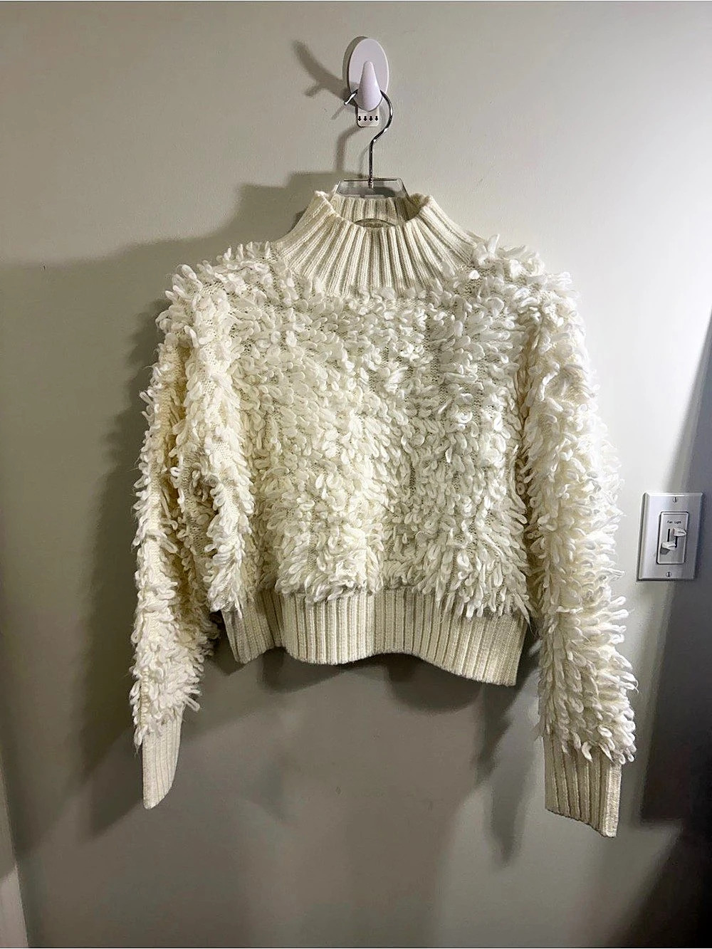 Anthropologie Maeve Callahan Loop Stitch Shaggy Mock Neck Crop Sweater Cream XS